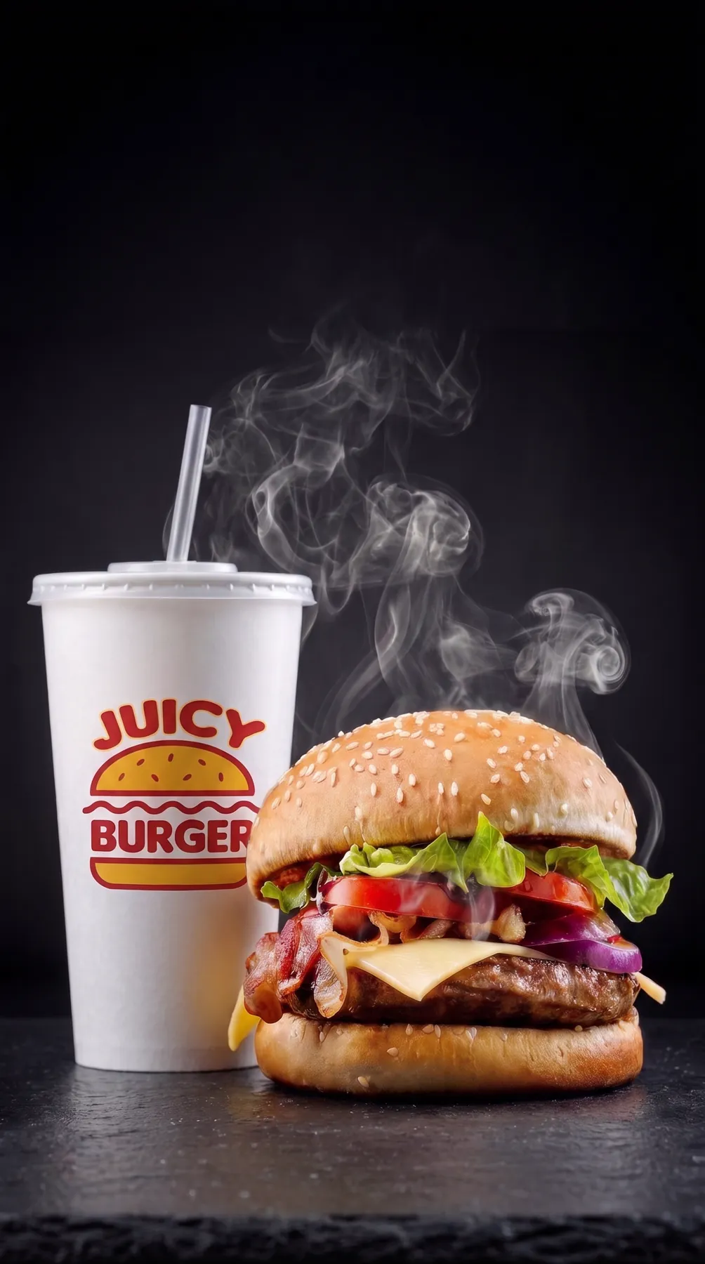 Frame from an AI video ad for a burger and drink combo