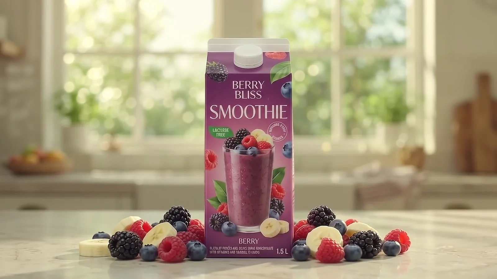 Frame from an AI video ad for a berry smoothie carton