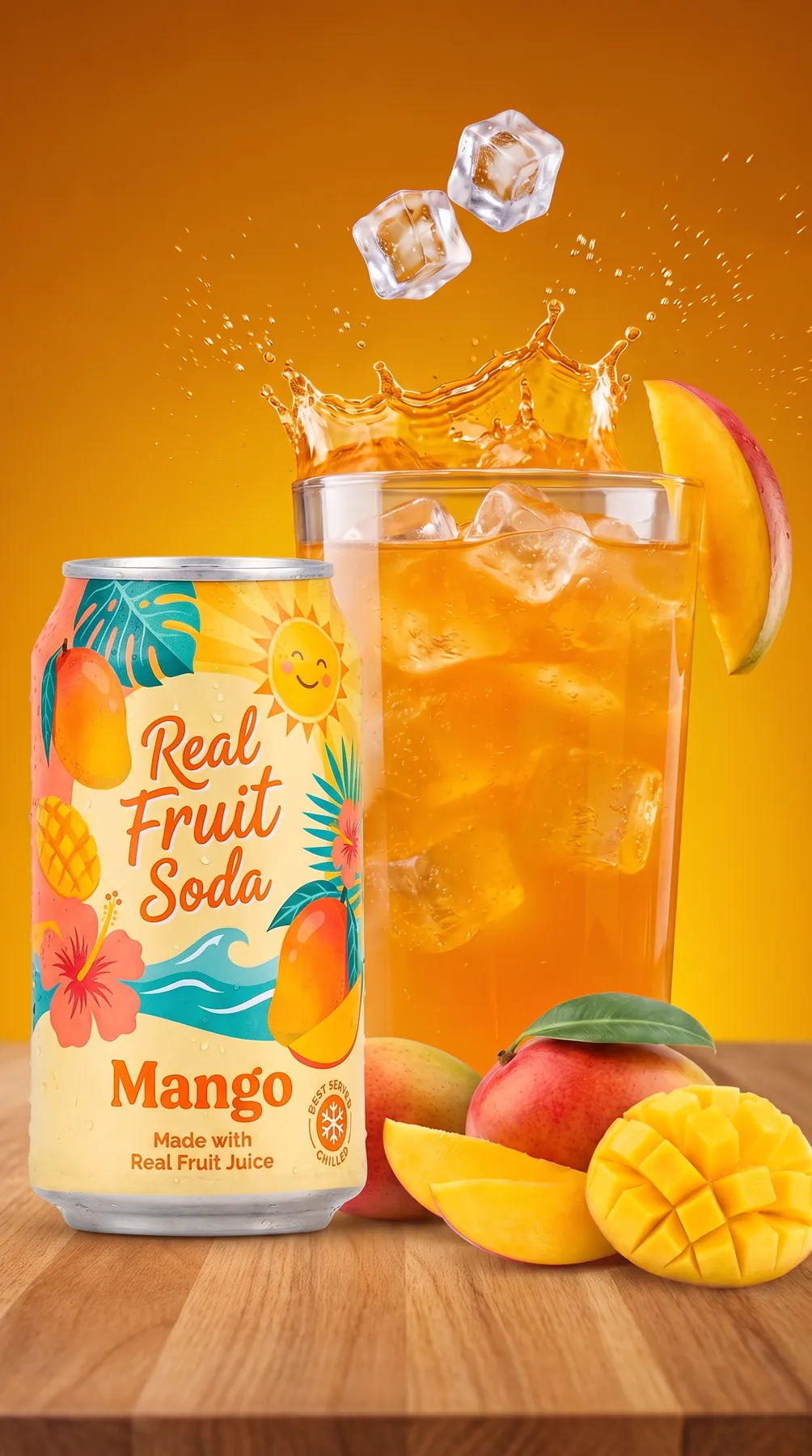 Frame from an AI video ad for a mango soda can